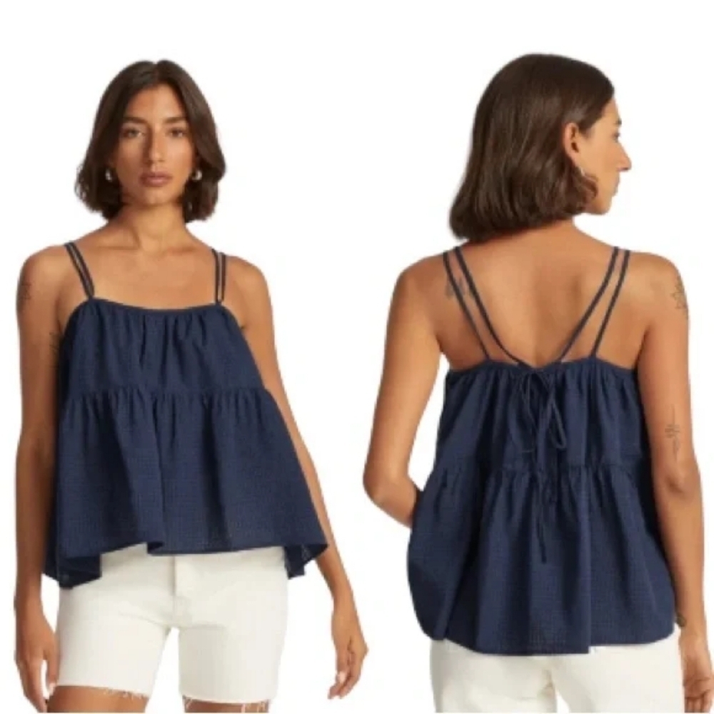 Everlane Tank Top Women Small Blue Billow Cami Plaid Cotton Tie Back Babydoll
